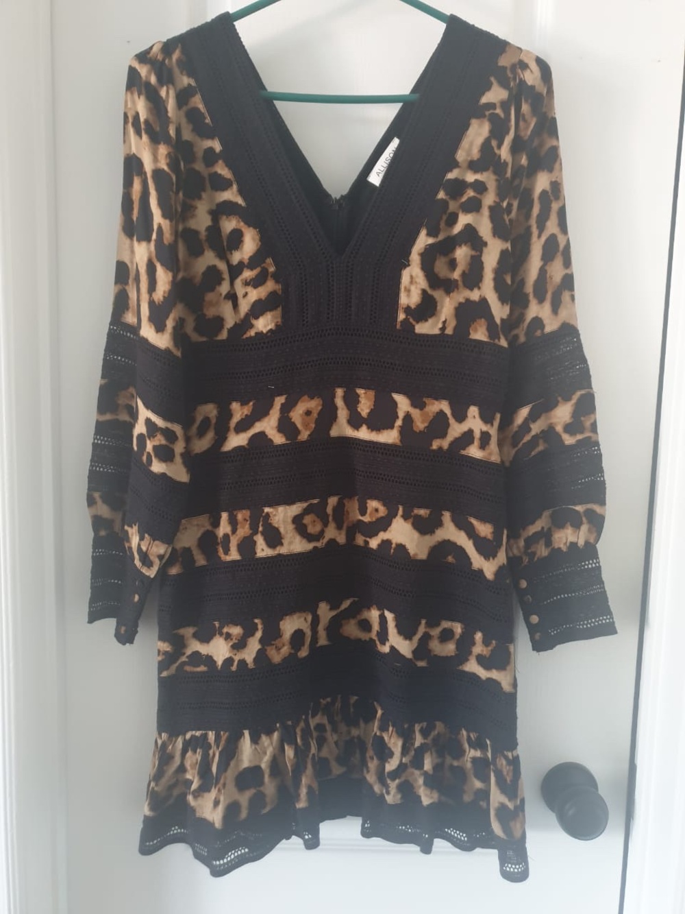 Leopard Print V-Neck Tunic Dress with Black Crochet Panels